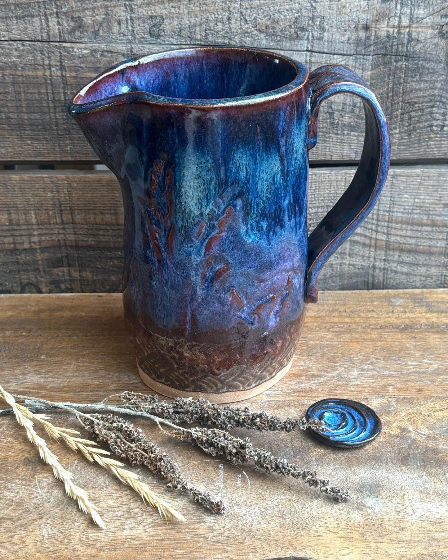 Rustic Wild Mustang Pitcher ~ 20 oz~ Blue & Brown Glaze