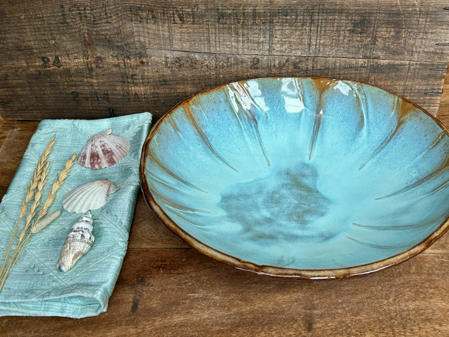 Rustic Antique Doily Serving Bowl ~ 10” Diameter ~ 2.5” Depth~ Turquoise & Brown