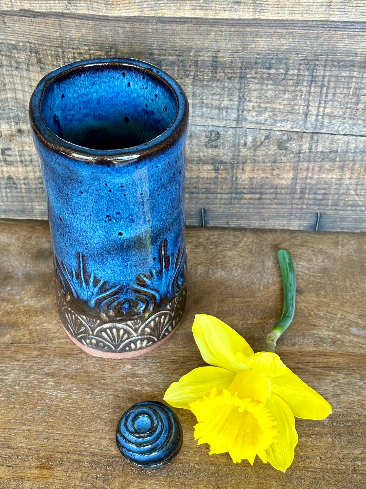 Native Mandala Tall Boy Tumbler ~ 14 oz~ Blue & Brown Glaze