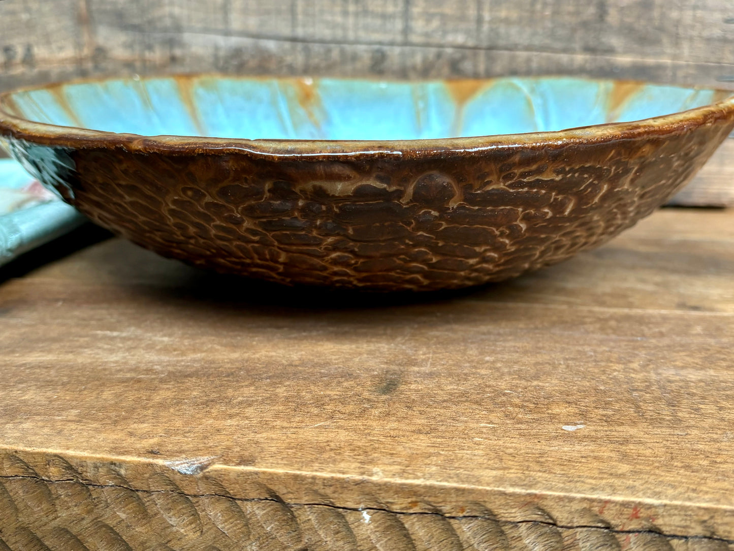 Rustic Antique Doily Serving Bowl ~ 10” Diameter ~ 2.5” Depth~ Turquoise & Brown