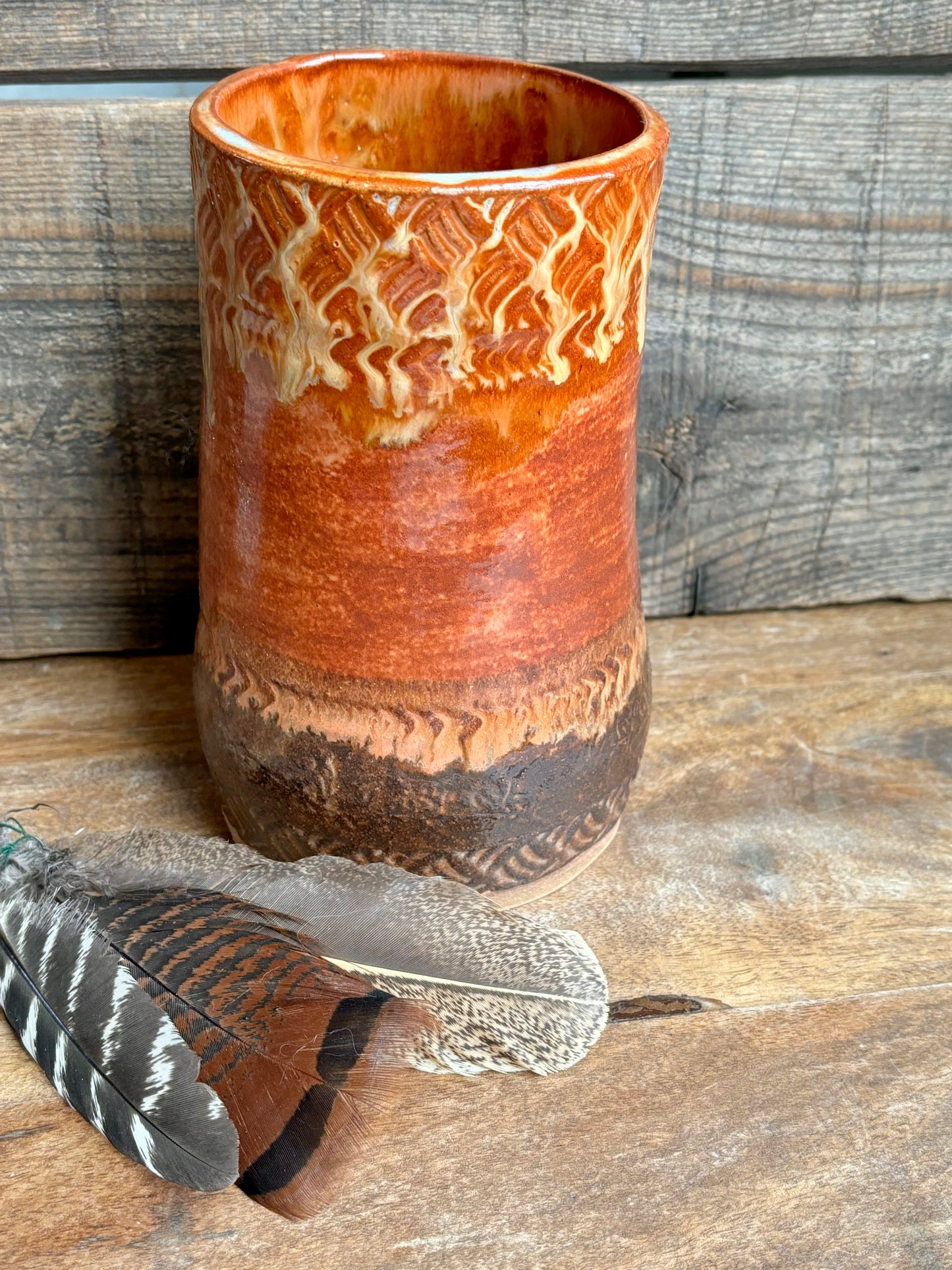 Rustic Basketweave Flower Vase ~ Sedona Red & Brown Glaze