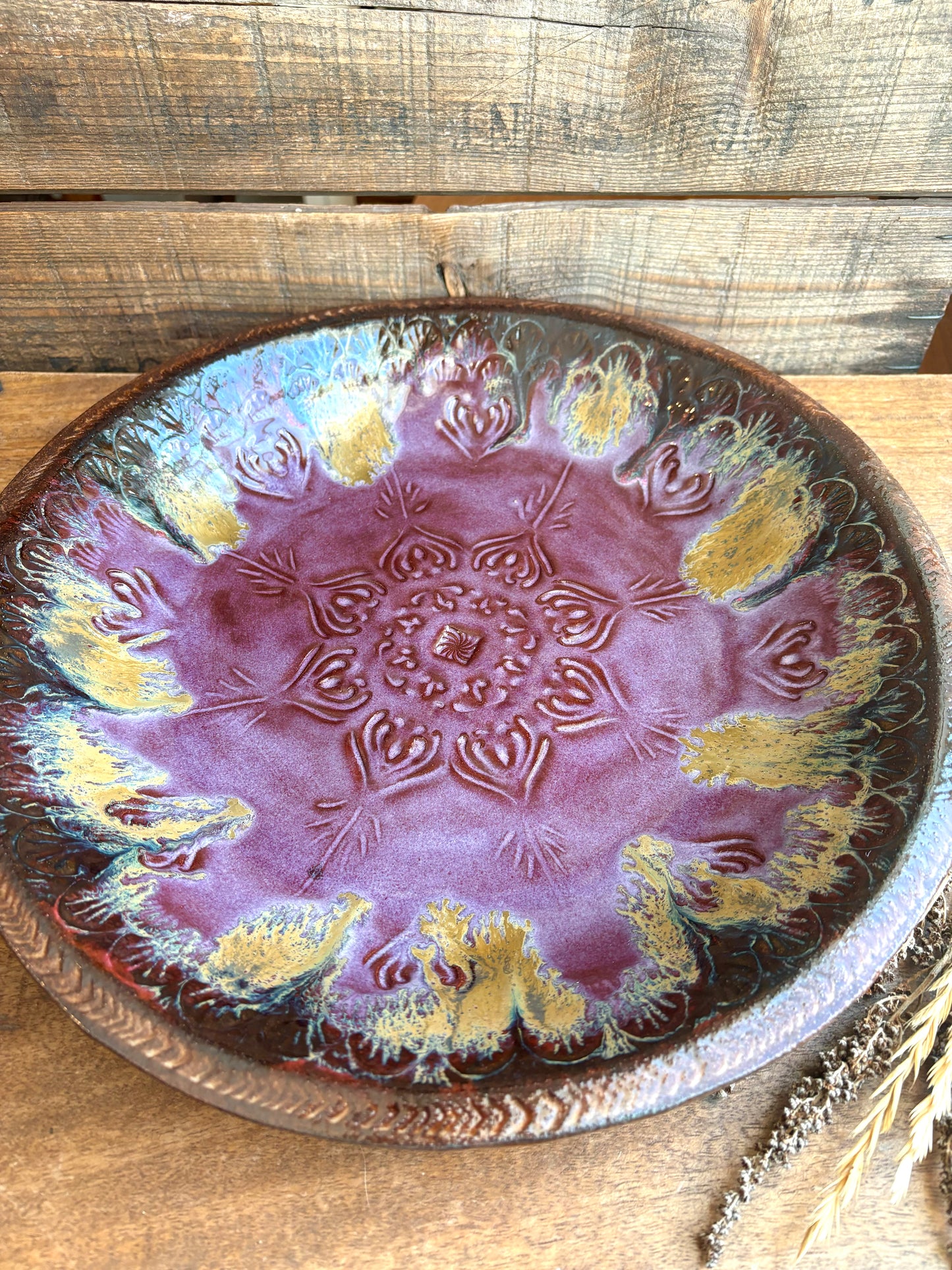 Rustic Native Mandala Serving Bowl ~ 12.5” Diameter ~ 2” Depth~ Merlot, Gold & Brown