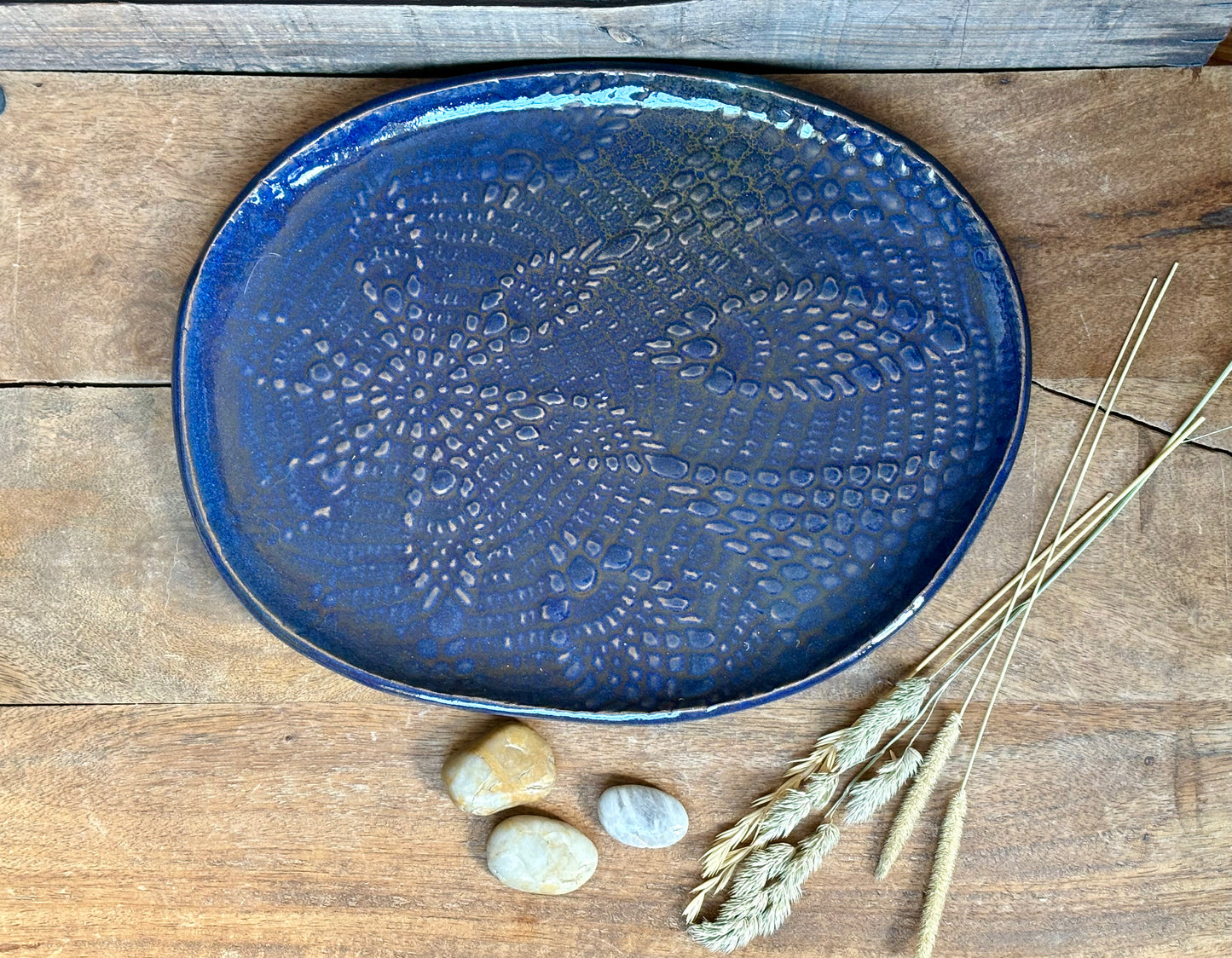 Rustic Antique Doily Serving Platter ~ Dark Blue ~ Appetizers & Cheese