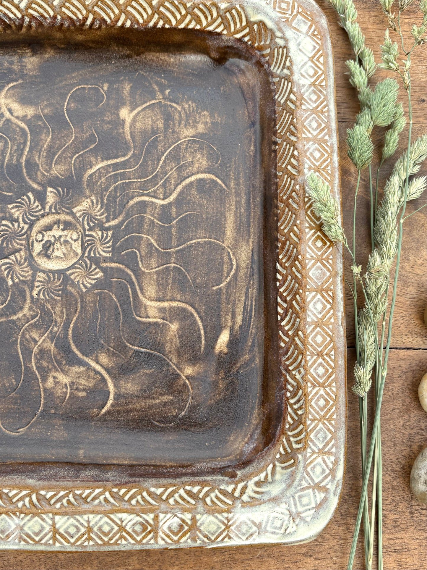 Rustic Square Sun & Thunderbird Baking Tray/ Serving Tray ~ 9.5” Square ~ 1.25” Depth~ Birch & Brown