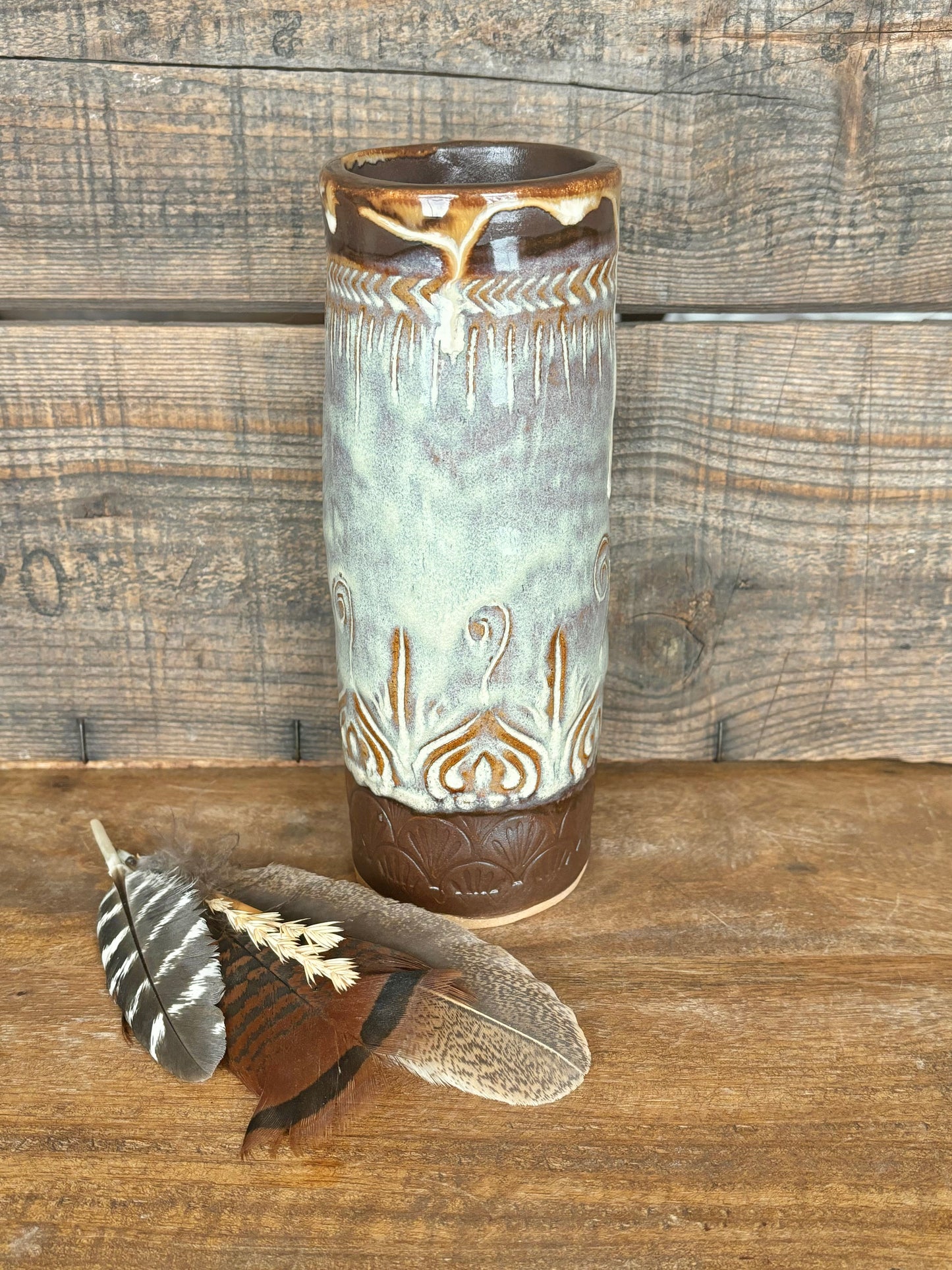 Rustic Native Mandala Flower Vase ~ Birch & Brown Glaze