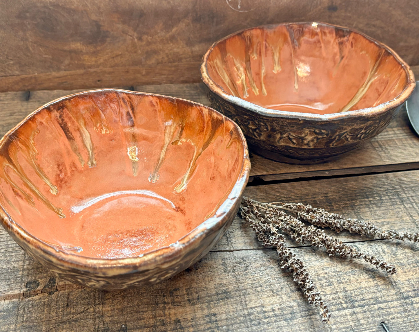 Set of 2 Rustic Wild Buffalo Soup & Salad Big Bowl ~ 6” Diameter ~ 2.5” Depth~ Coral, Gold & Brown