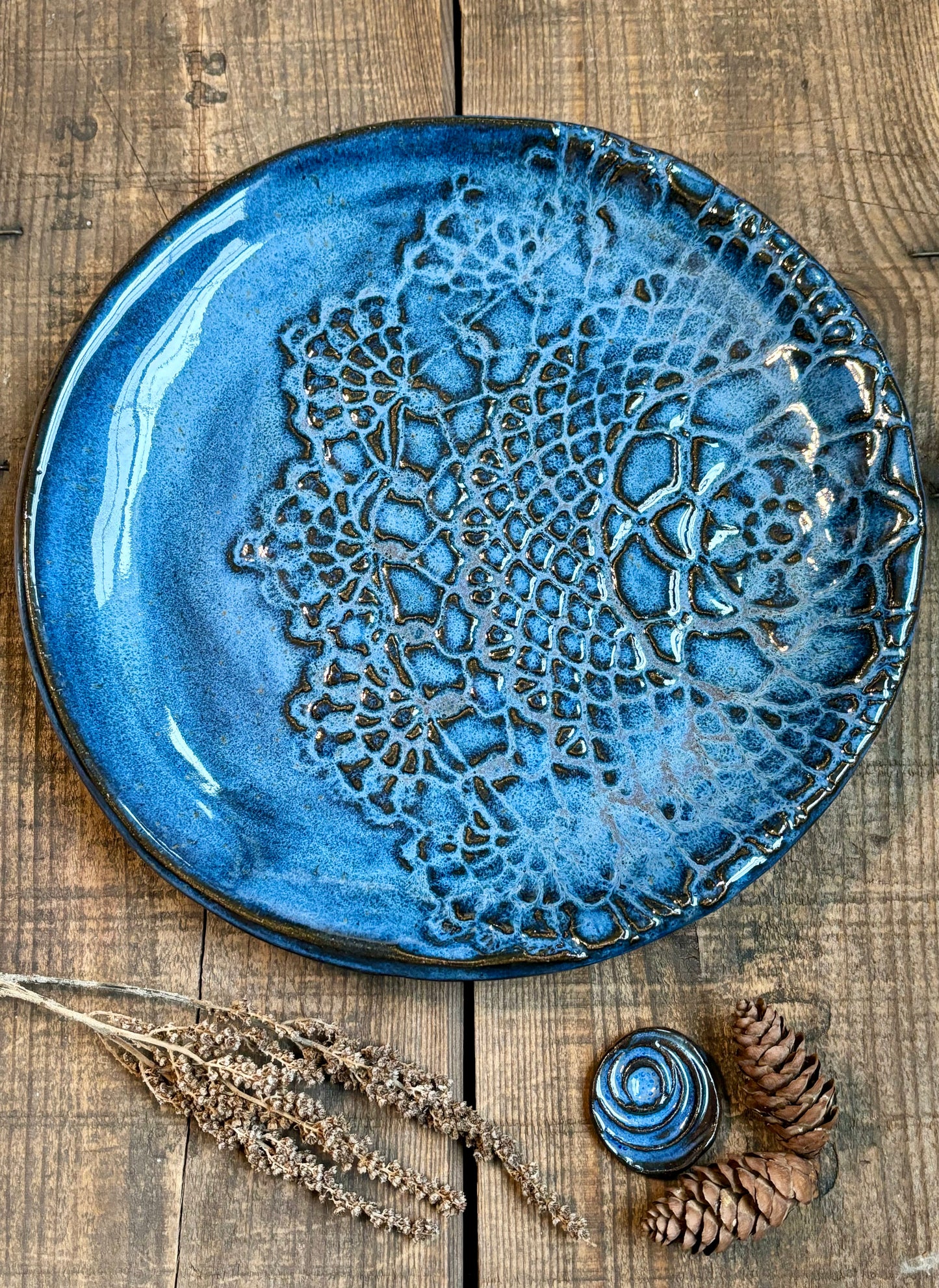 Rustic Antique Doily Dinner Plate ~ 10” ~ River Blue Glaze