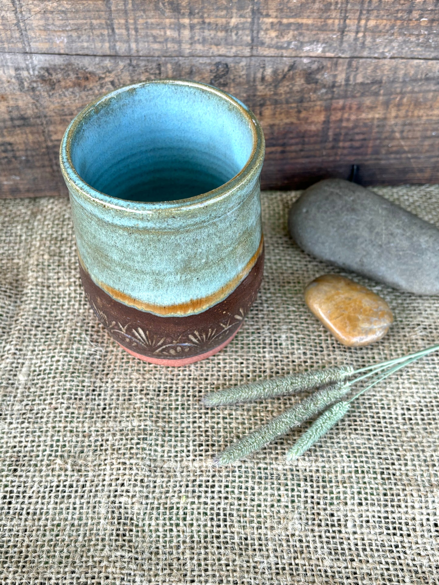 Rustic Arch Basketweave Tumbler ~ 8 oz~ Turquoise & Brown Glaze