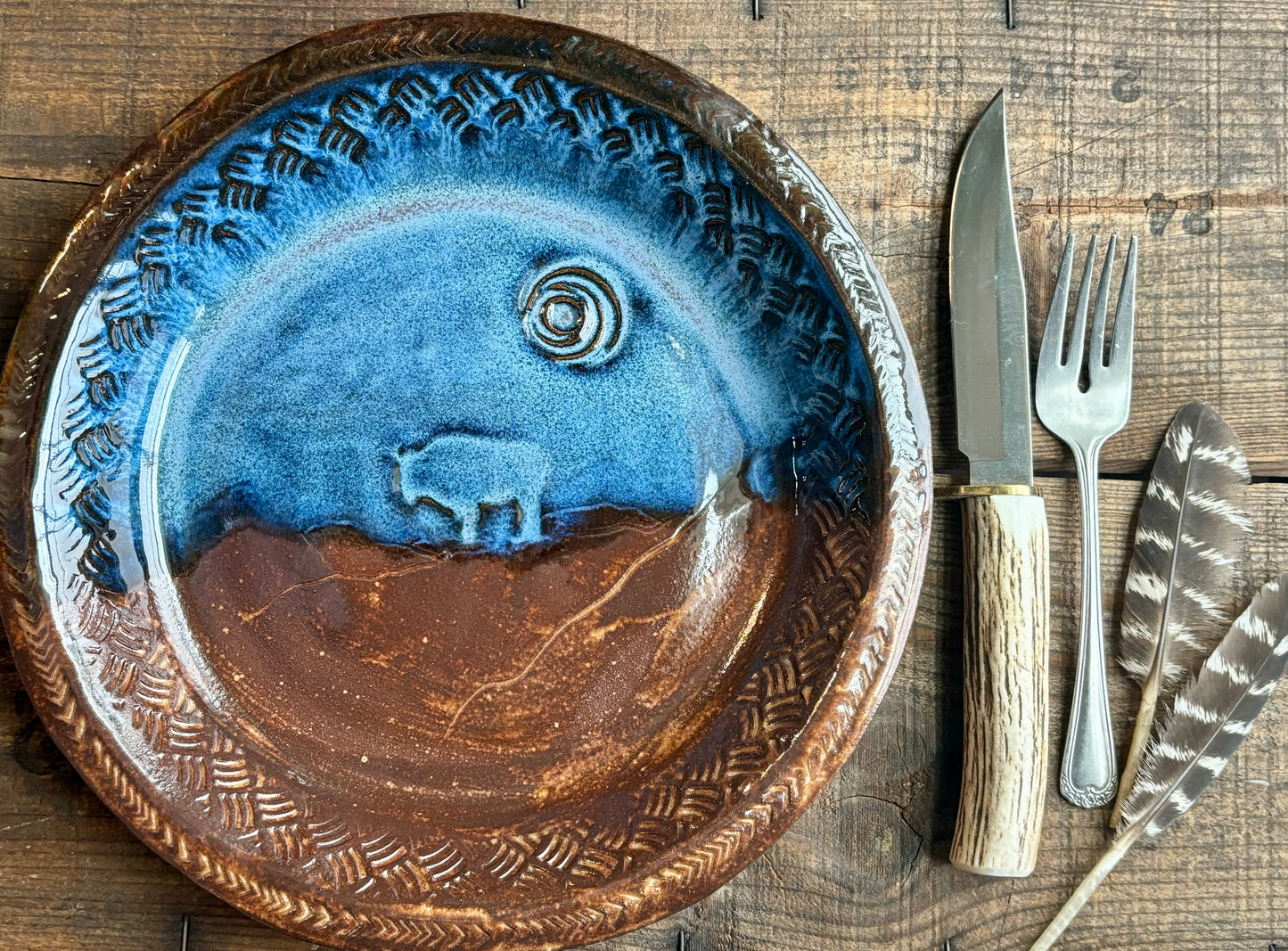 Rustic Moonlight Buffalo Pie Dish ~ 10” ~ River Blue & Brown Glaze