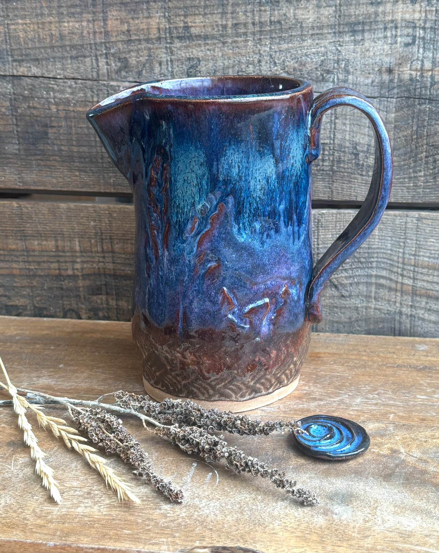 Rustic Wild Mustang Pitcher ~ 20 oz~ Blue & Brown Glaze