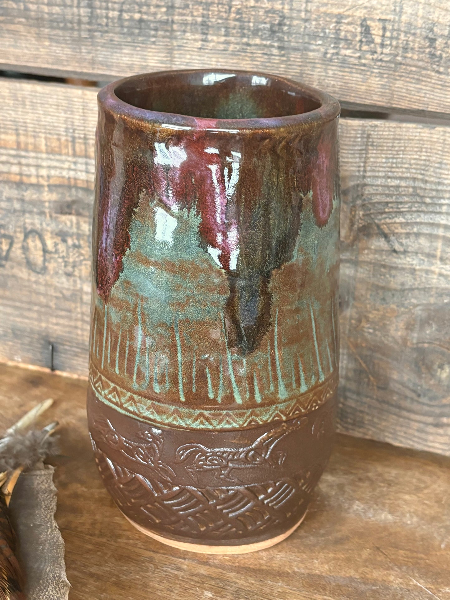 Rustic Wild Mustang Flower Vase ~ Merlot, Green & Brown Glaze