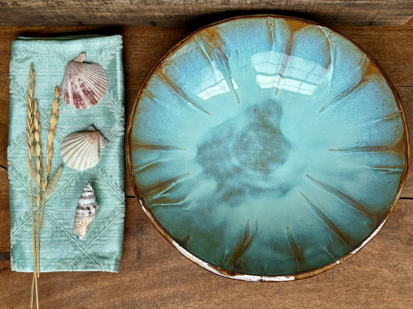 Rustic Antique Doily Serving Bowl ~ 10” Diameter ~ 2.5” Depth~ Turquoise & Brown
