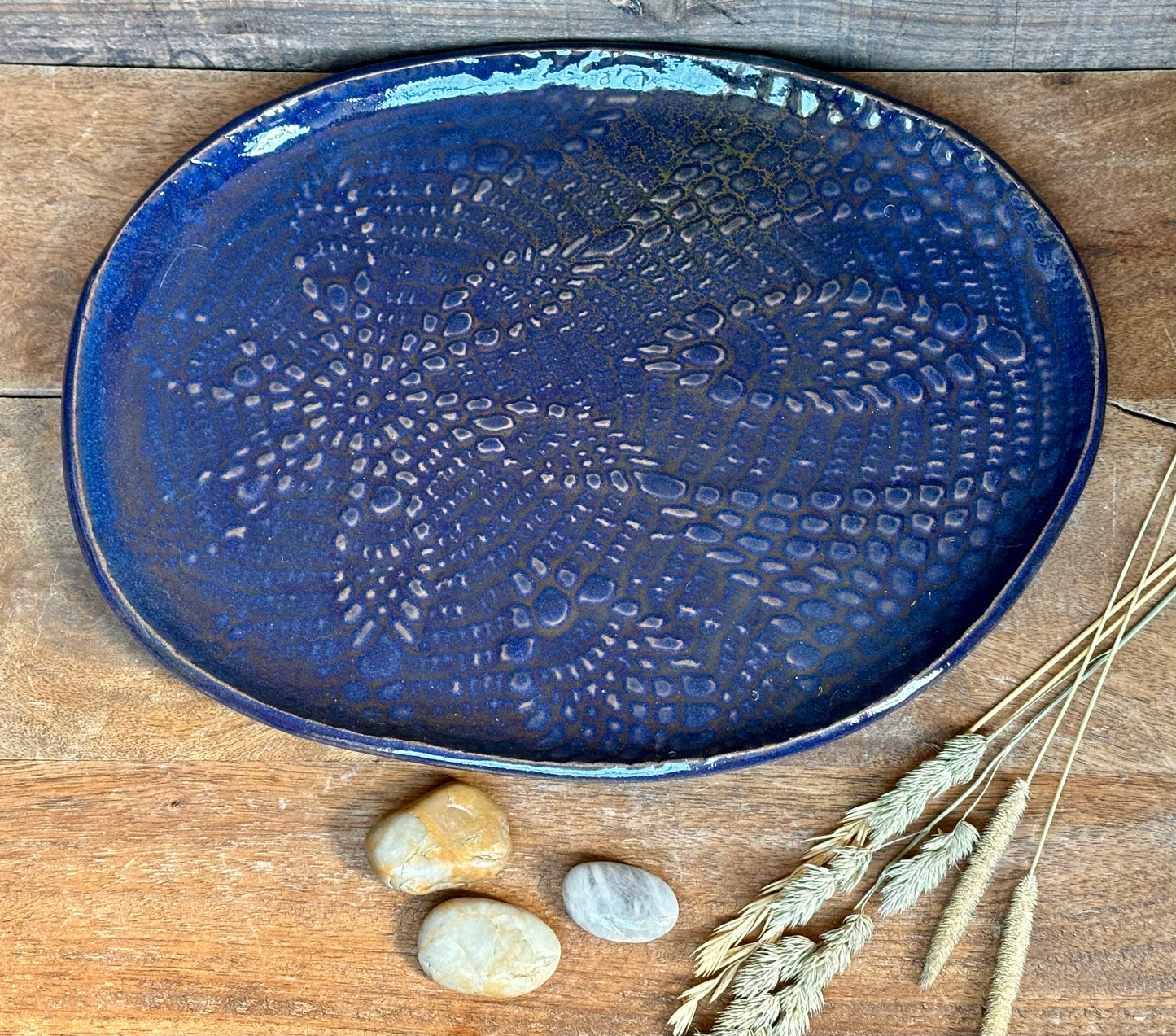 Rustic Antique Doily Serving Platter ~ Dark Blue ~ Appetizers & Cheese