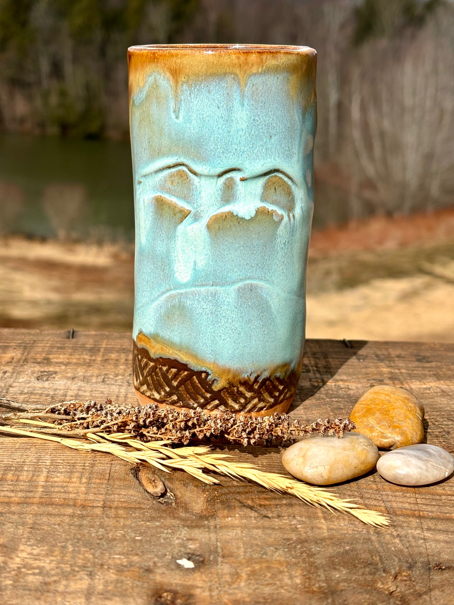 Wild Eagle Tall Boy Tumbler ~ 14 oz~ Turquoise & Brown Glaze