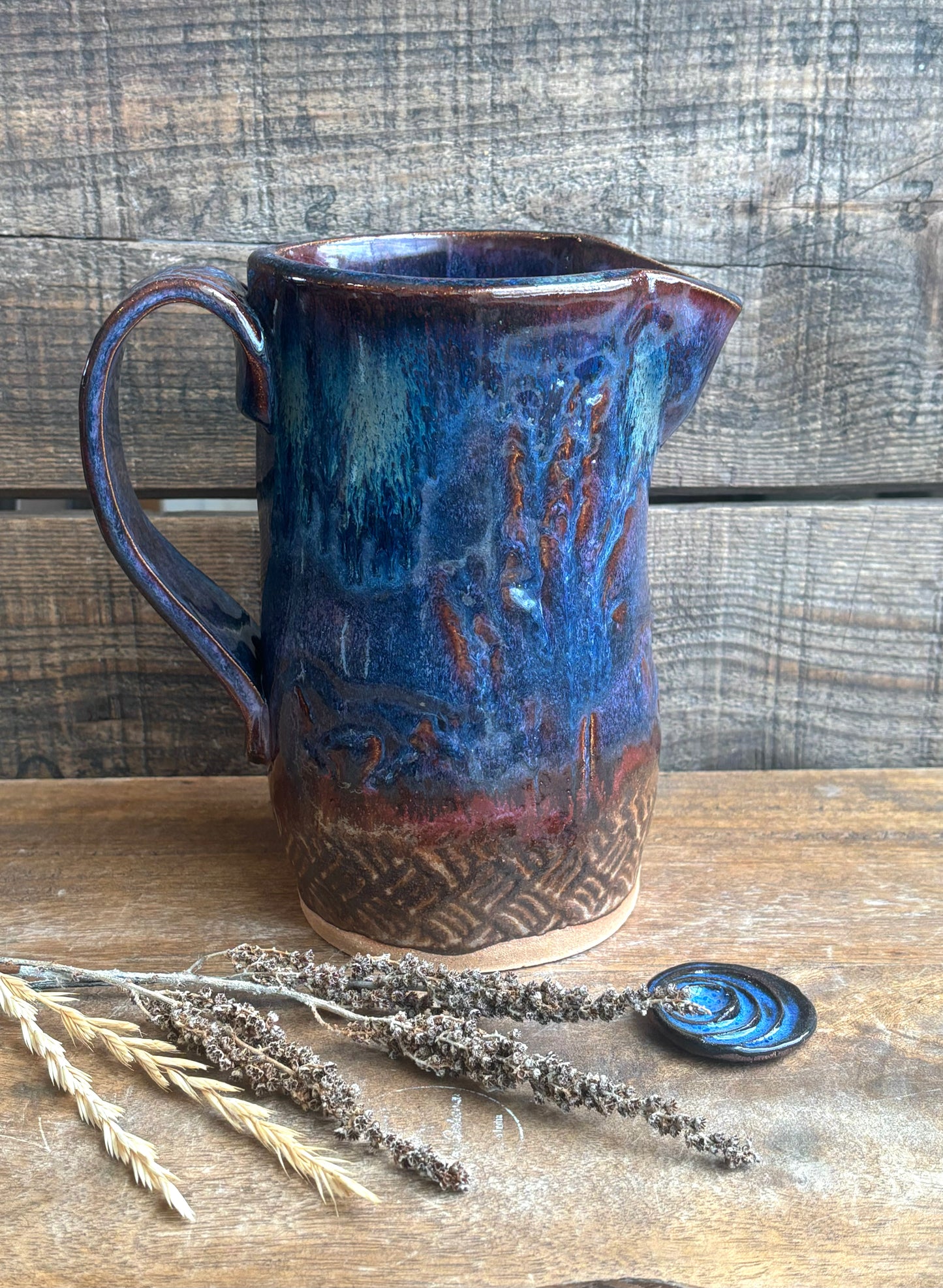 Rustic Wild Mustang Pitcher ~ 20 oz~ Blue & Brown Glaze