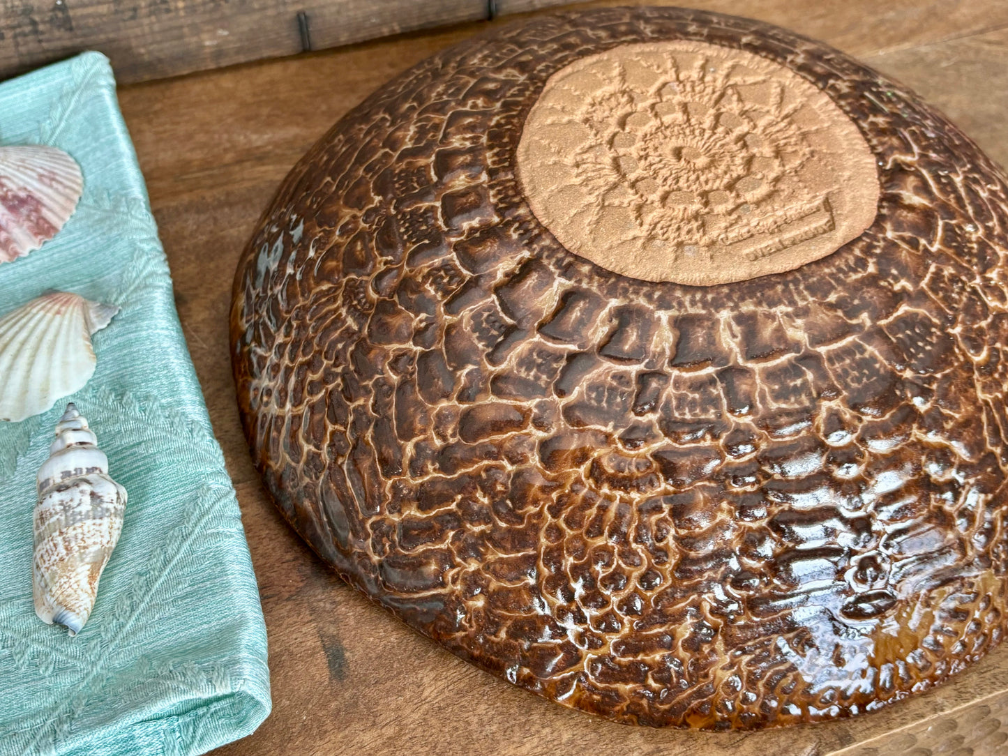 Rustic Antique Doily Serving Bowl ~ 10” Diameter ~ 2.5” Depth~ Turquoise & Brown