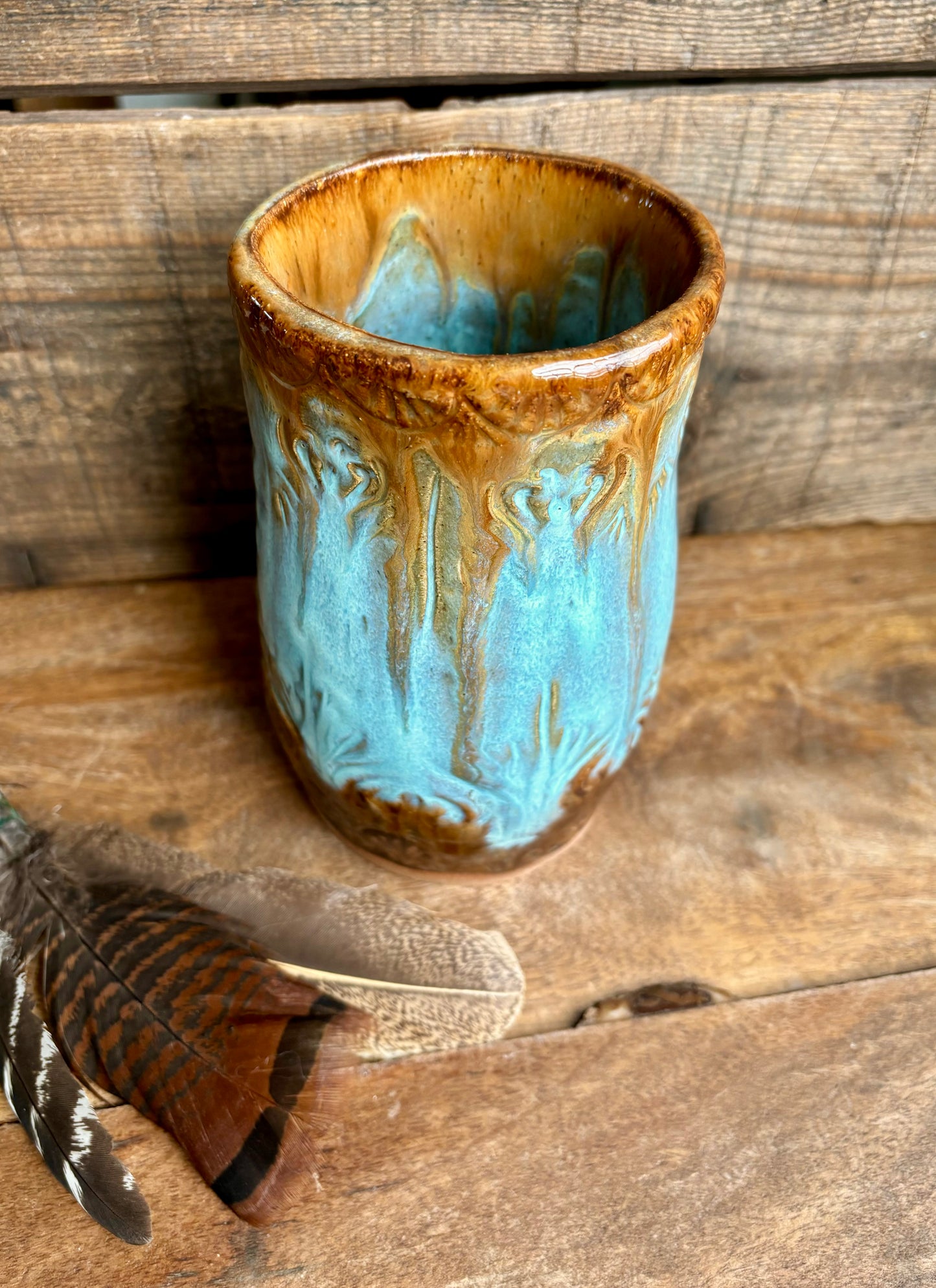 Rustic Native Mandala Flower Vase ~ Turquoise& Brown Glaze