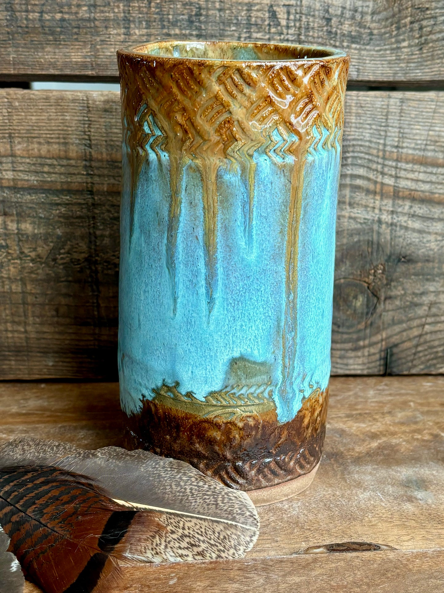 Rustic Wild Buffalo Flower Vase ~ Turquoise & Brown Glaze