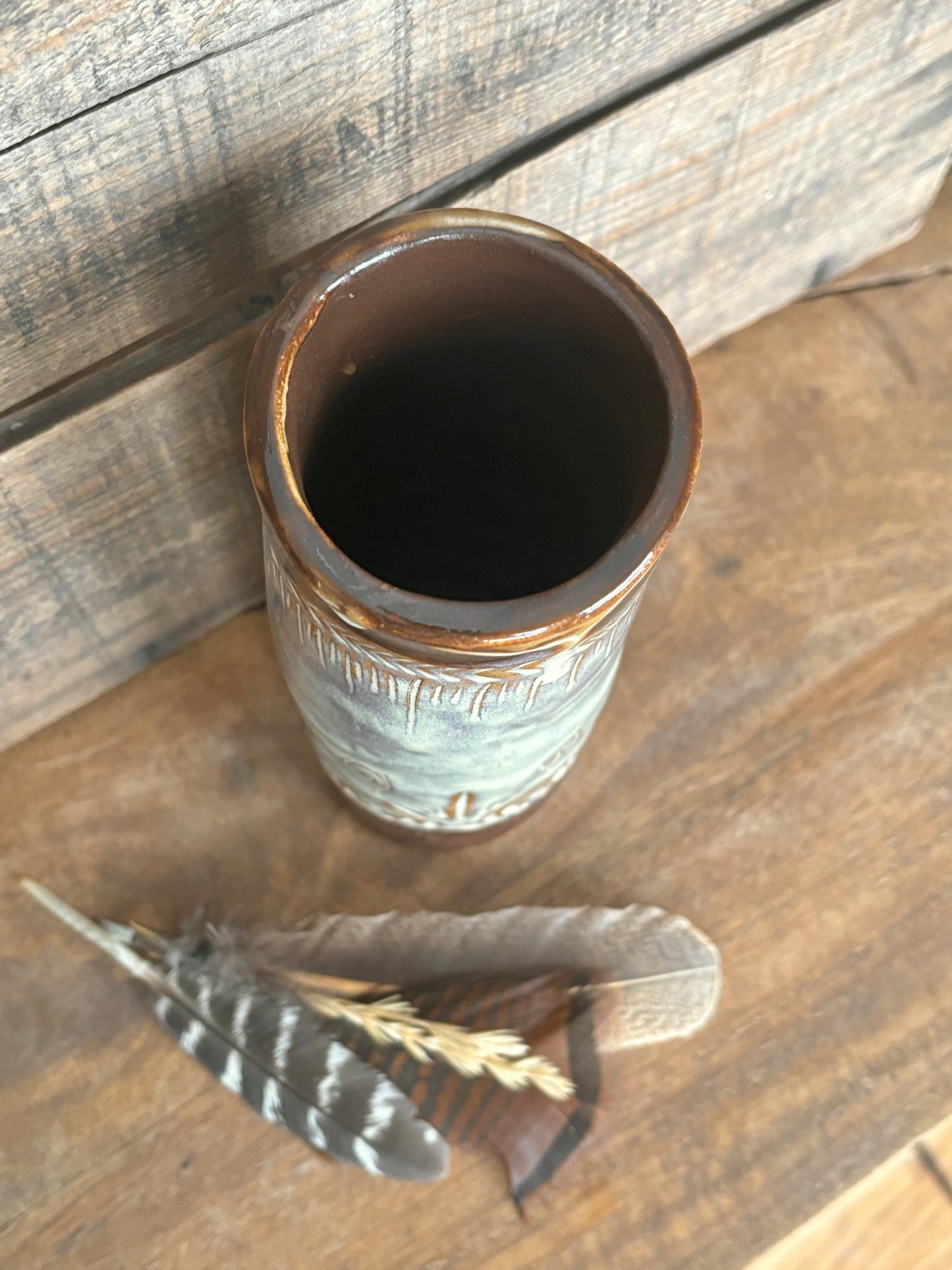 Rustic Native Mandala Flower Vase ~ Birch & Brown Glaze