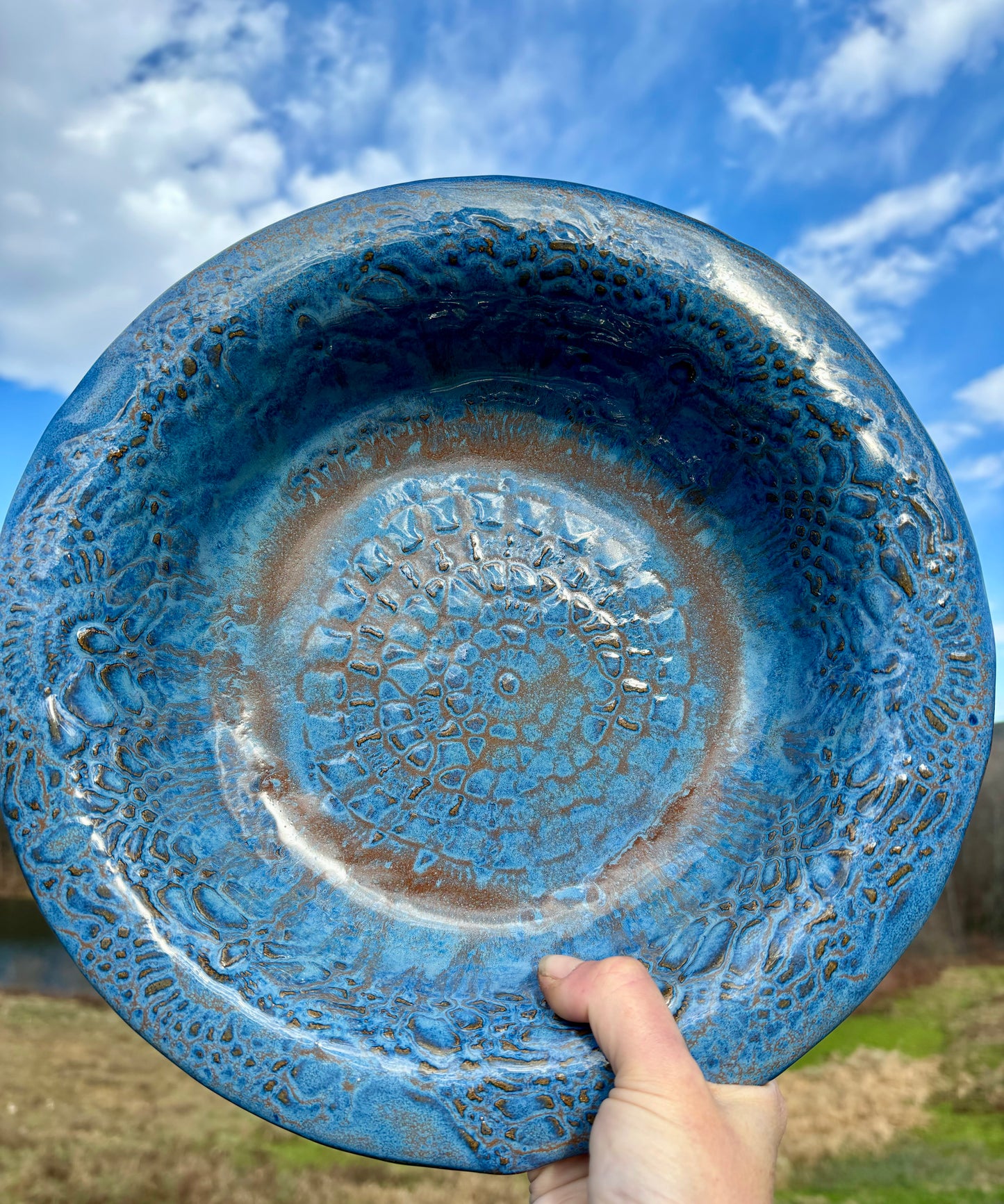 Rustic Antique Doily Serving & Baking Bowl ~ 12” Diameter ~ 2.5” Depth~ True Blue