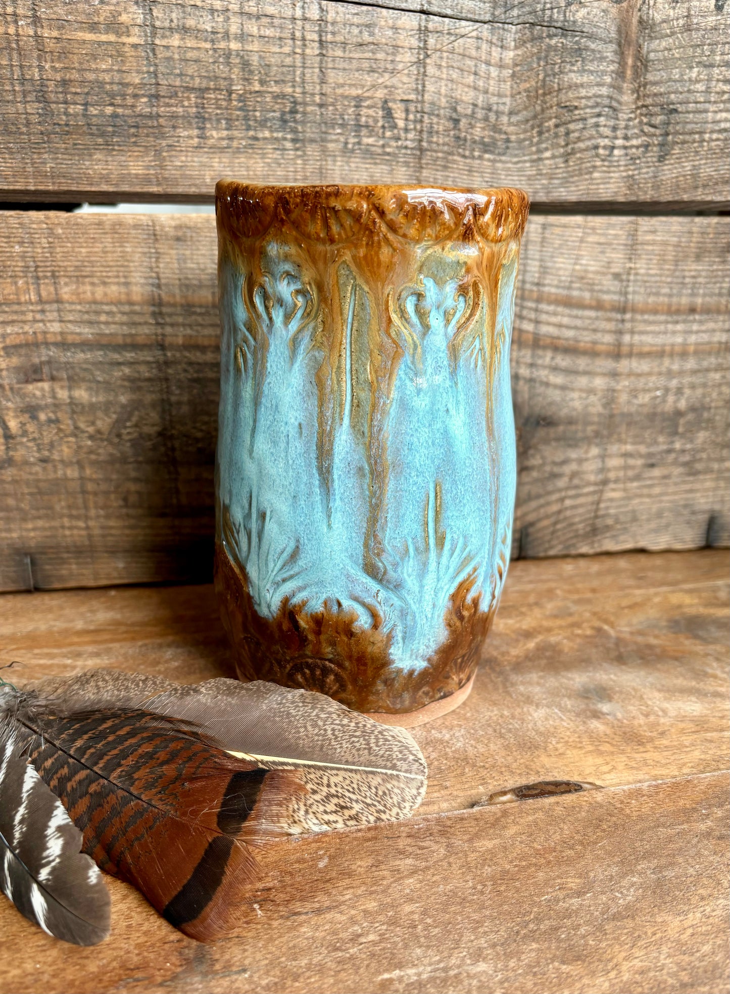 Rustic Native Mandala Flower Vase ~ Turquoise& Brown Glaze