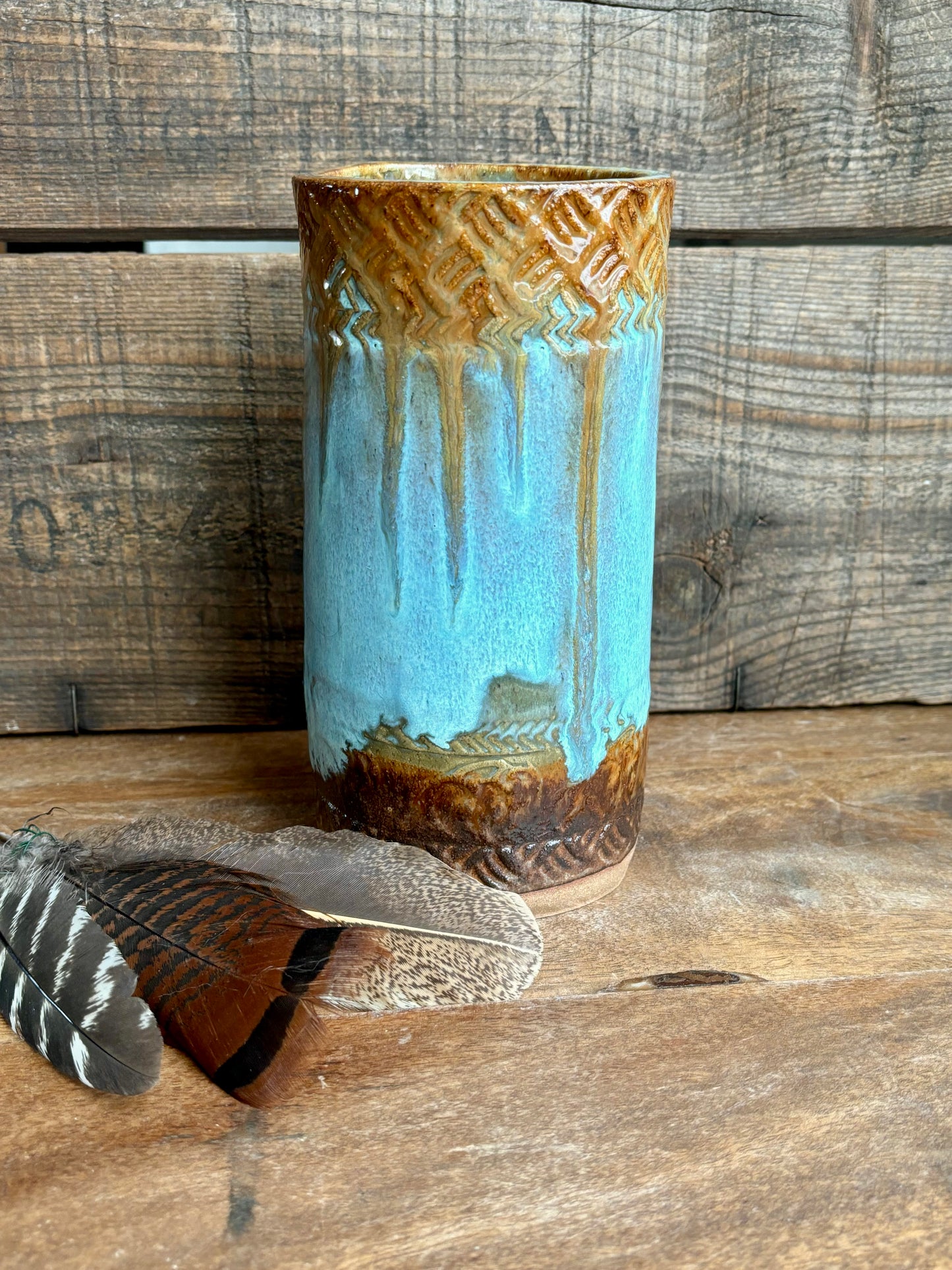 Rustic Wild Buffalo Flower Vase ~ Turquoise & Brown Glaze