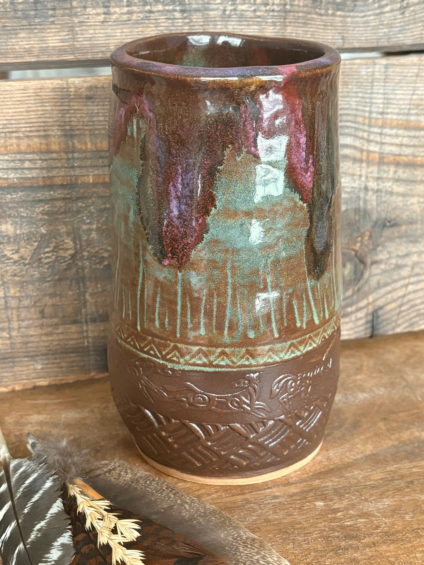 Rustic Wild Mustang Flower Vase ~ Merlot, Green & Brown Glaze
