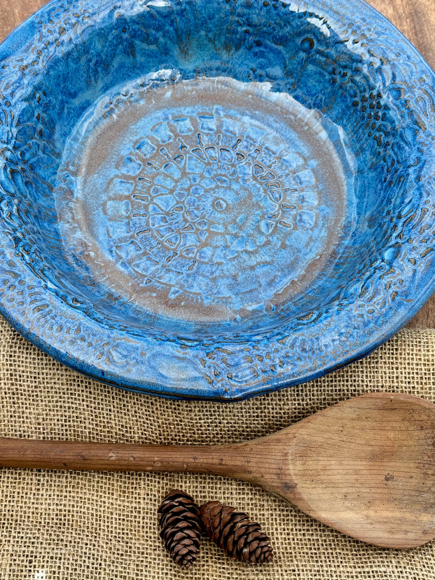 Rustic Antique Doily Serving & Baking Bowl ~ 12” Diameter ~ 2.5” Depth~ True Blue