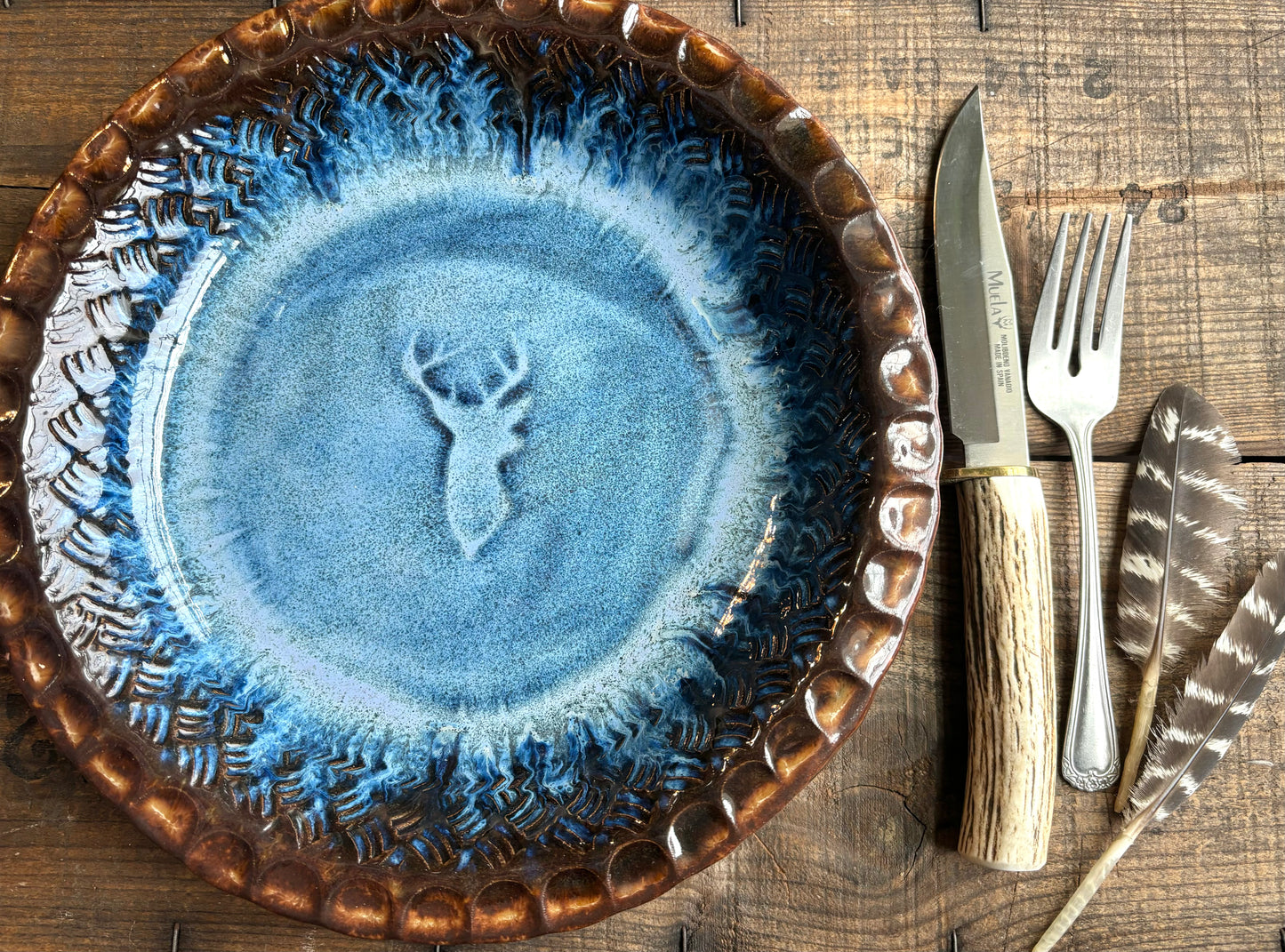 Rustic Wild Buck Pie Dish ~ 10” ~ River Blue & Brown Glaze