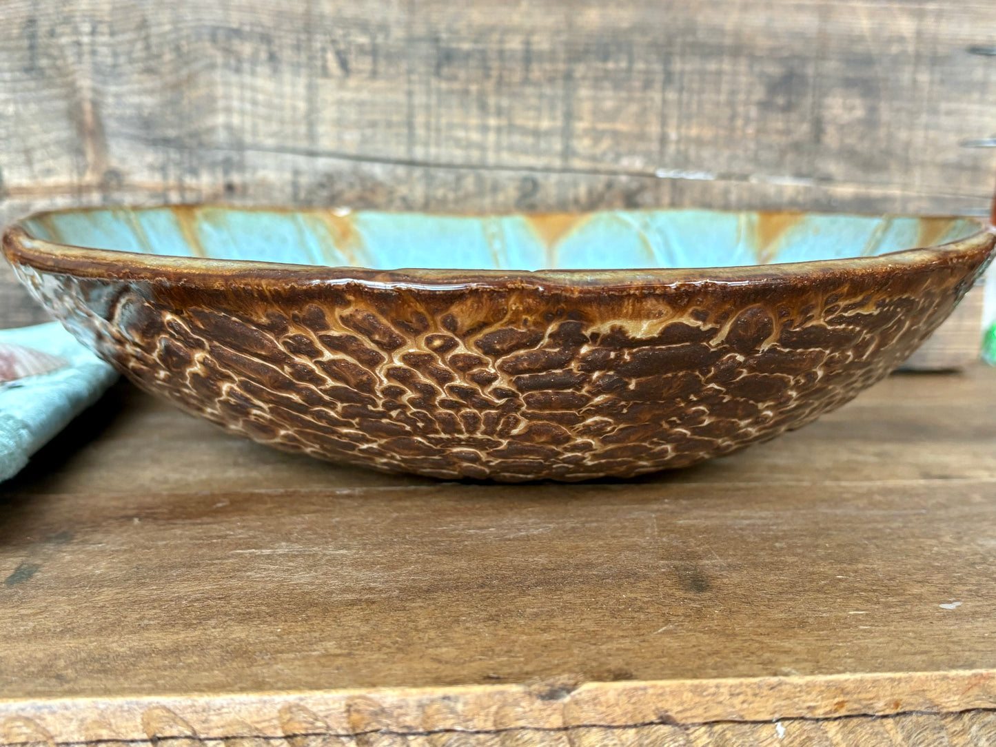 Rustic Antique Doily Serving Bowl ~ 10” Diameter ~ 2.5” Depth~ Turquoise & Brown