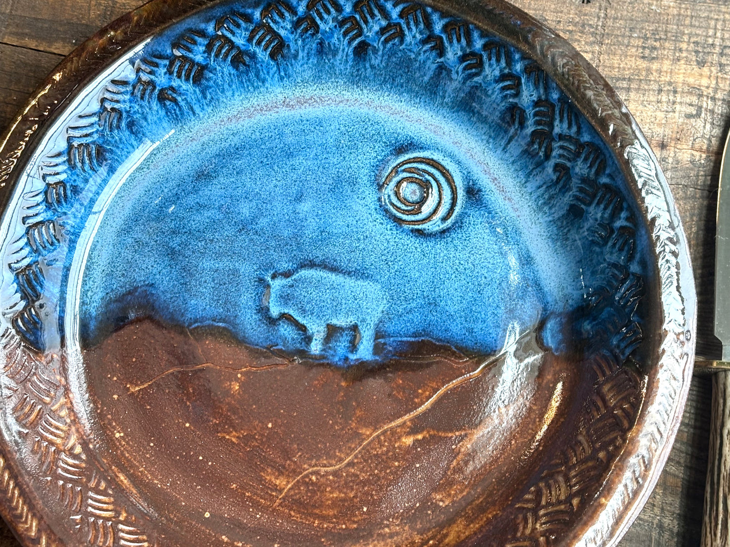 Rustic Moonlight Buffalo Pie Dish ~ 10” ~ River Blue & Brown Glaze