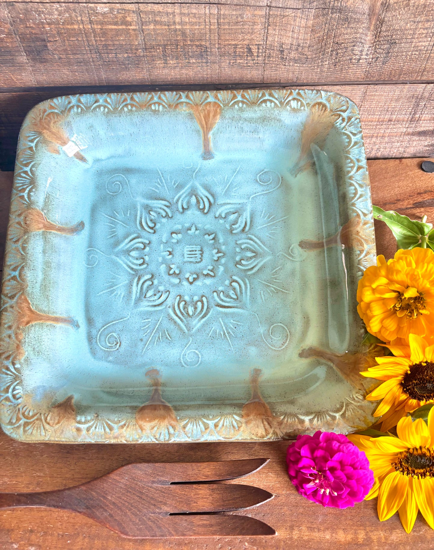 Rustic Square Native Mandala Meat Tray/ Serving Tray ~ 10” Square ~ 1.25” Depth~ Turquoise & Brown