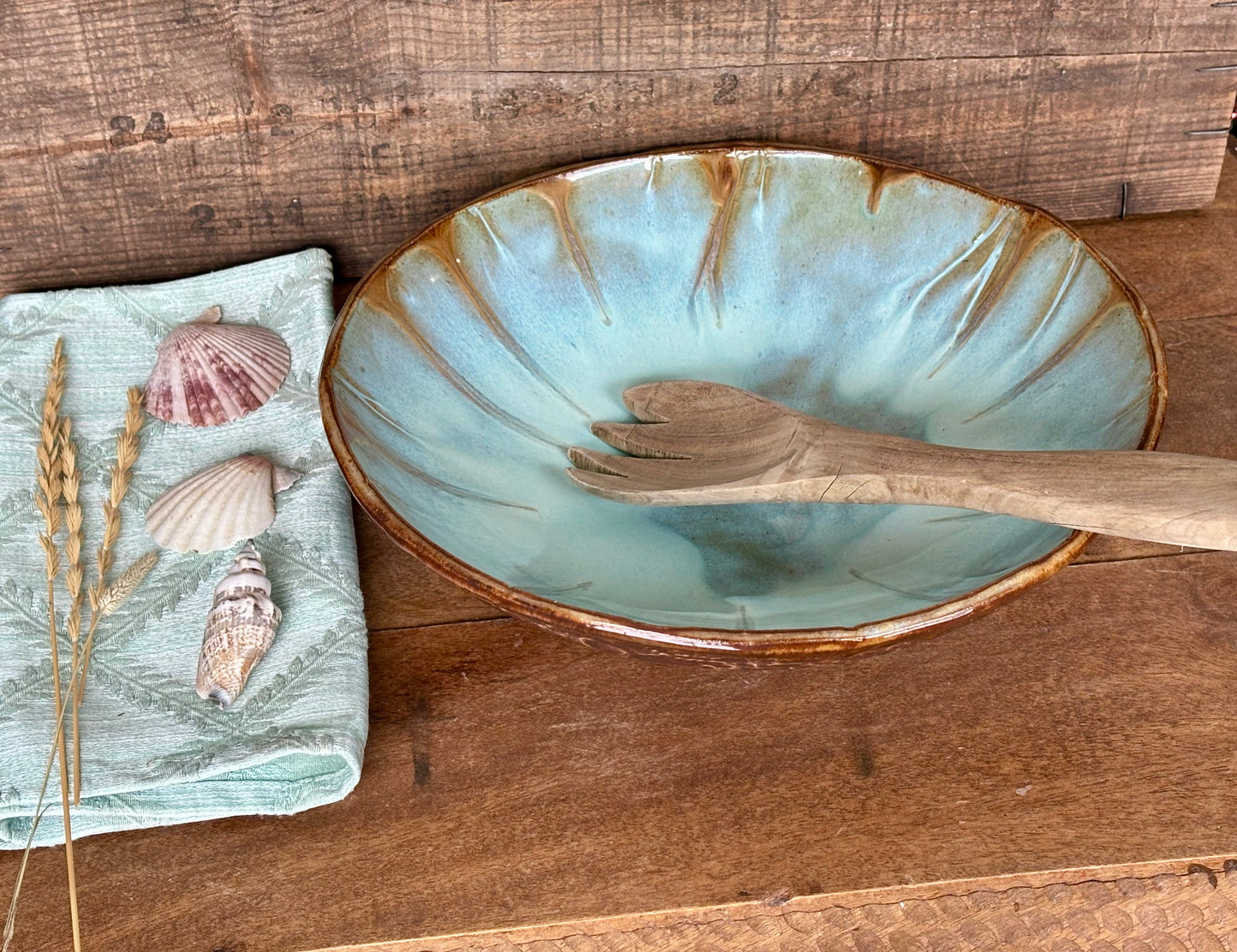 Rustic Antique Doily Serving Bowl ~ 10” Diameter ~ 2.5” Depth~ Turquoise & Brown