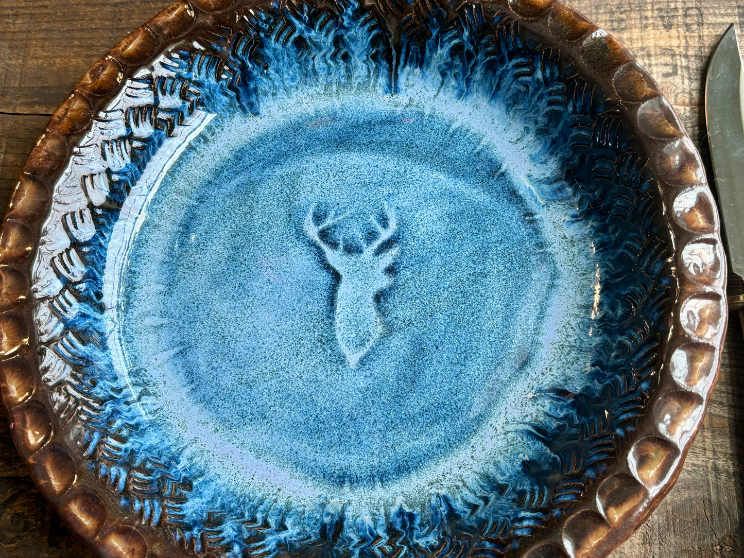 Rustic Wild Buck Pie Dish ~ 10” ~ River Blue & Brown Glaze