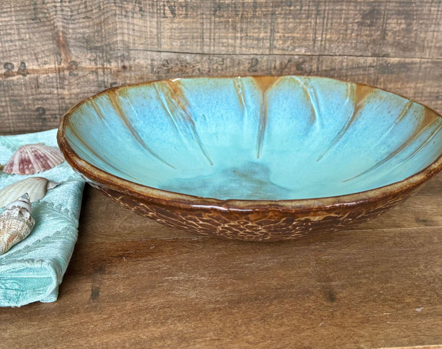 Rustic Antique Doily Serving Bowl ~ 10” Diameter ~ 2.5” Depth~ Turquoise & Brown