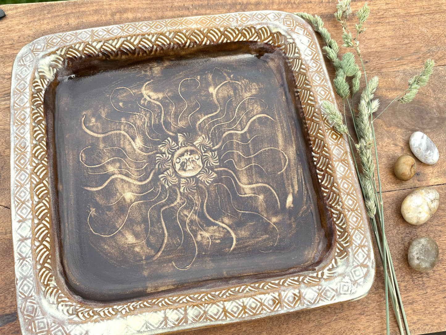 Rustic Square Sun & Thunderbird Baking Tray/ Serving Tray ~ 9.5” Square ~ 1.25” Depth~ Birch & Brown