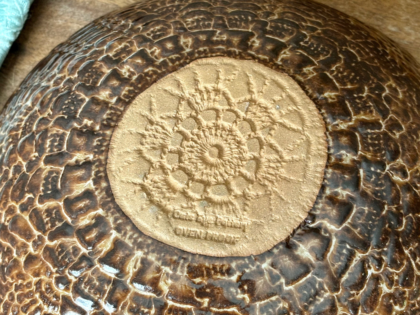 Rustic Antique Doily Serving Bowl ~ 10” Diameter ~ 2.5” Depth~ Turquoise & Brown