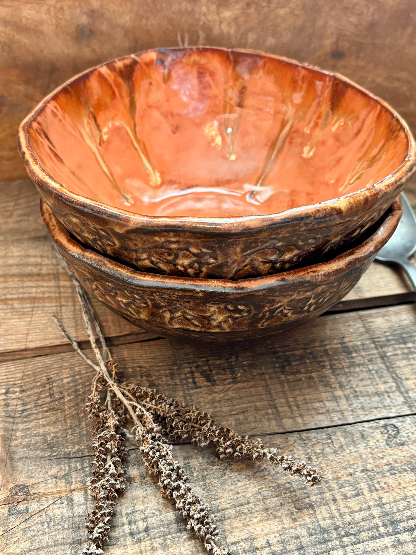 Set of 2 Rustic Wild Buffalo Soup & Salad Big Bowl ~ 6” Diameter ~ 2.5” Depth~ Coral, Gold & Brown