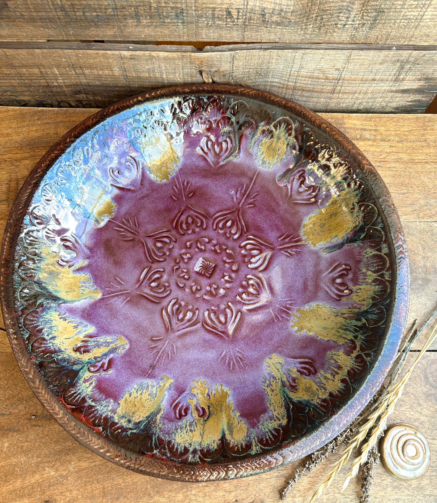 Rustic Native Mandala Serving Bowl ~ 12.5” Diameter ~ 2” Depth~ Merlot, Gold & Brown