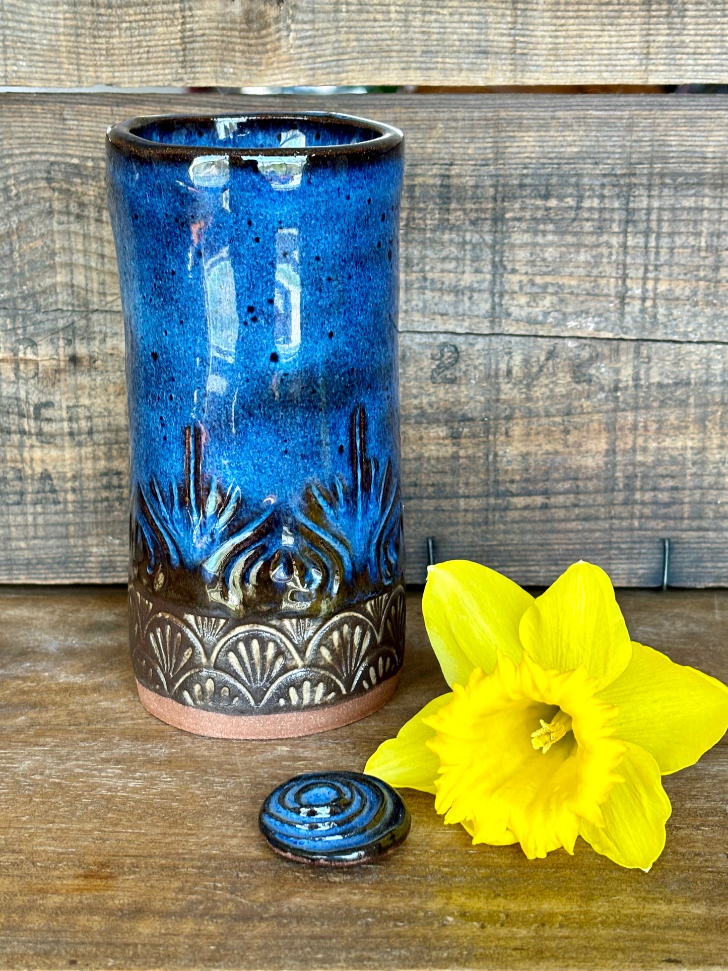 Native Mandala Tall Boy Tumbler ~ 14 oz~ Blue & Brown Glaze