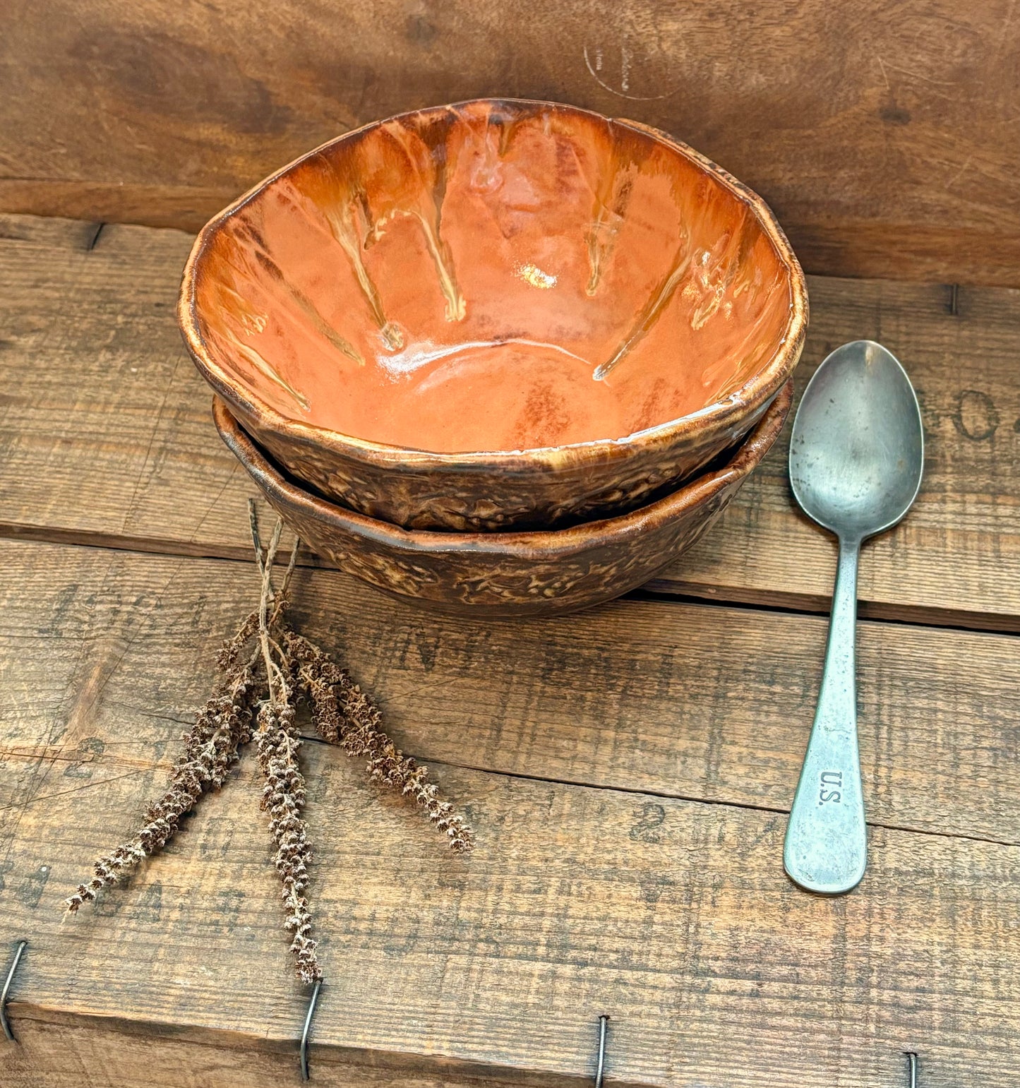 Set of 2 Rustic Wild Buffalo Soup & Salad Big Bowl ~ 6” Diameter ~ 2.5” Depth~ Coral, Gold & Brown