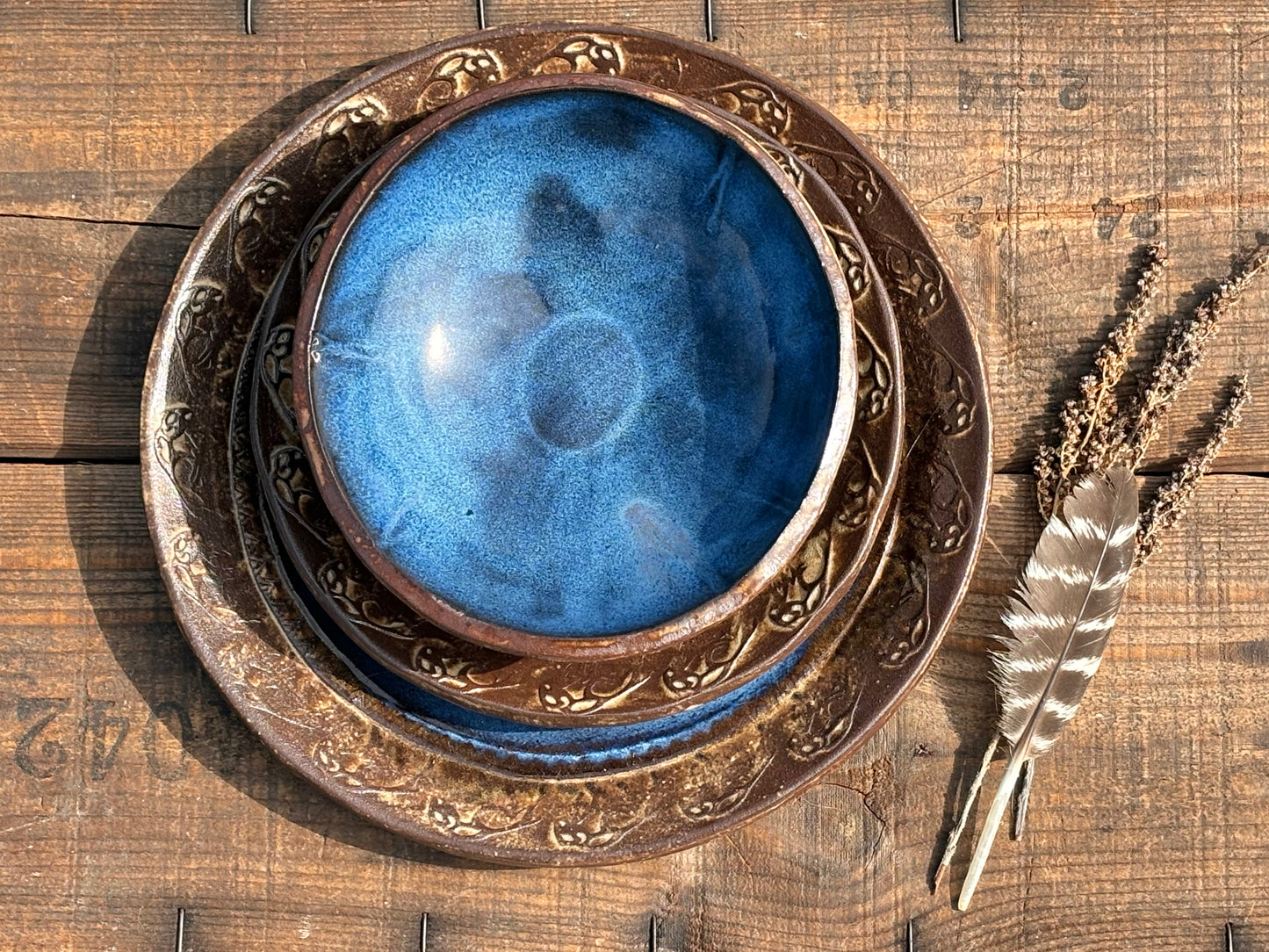 Rustic Wild Buffalo Dinnerware Set ~ Deep Blue & Brown Edging