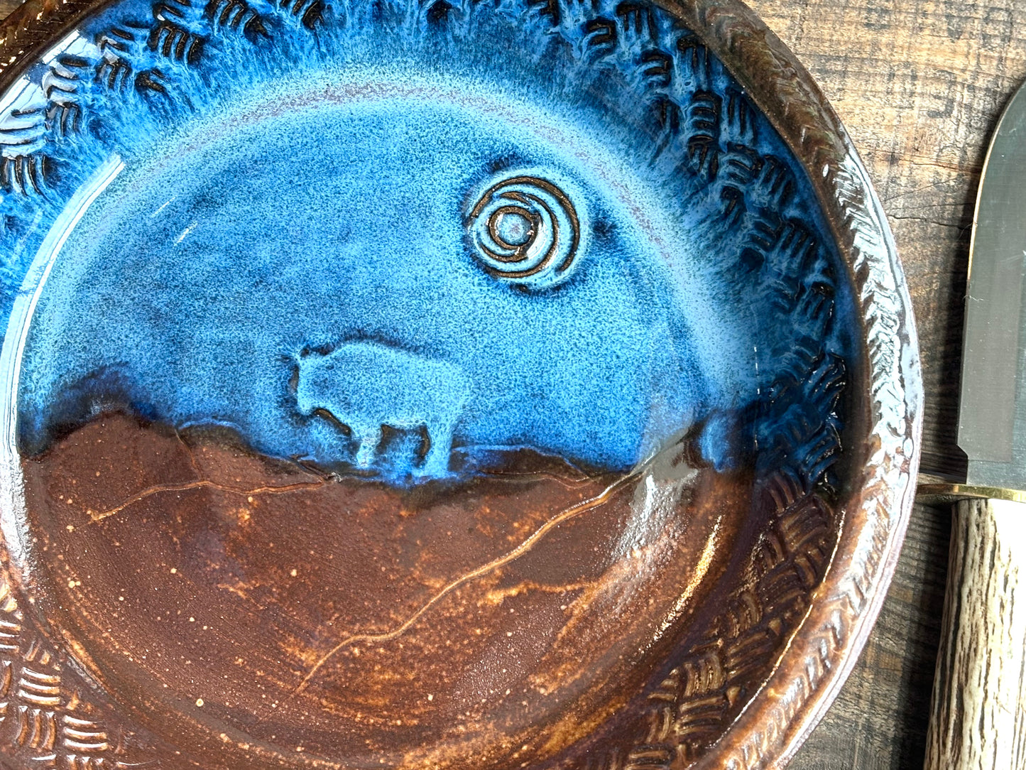 Rustic Moonlight Buffalo Pie Dish ~ 10” ~ River Blue & Brown Glaze