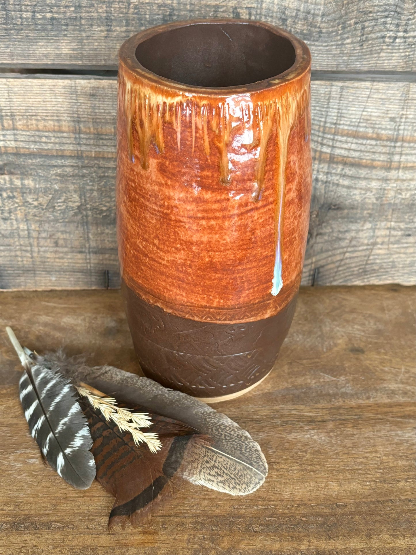 Rustic Wild Buffalo Flower Vase ~ Sedona Red & Brown Glaze