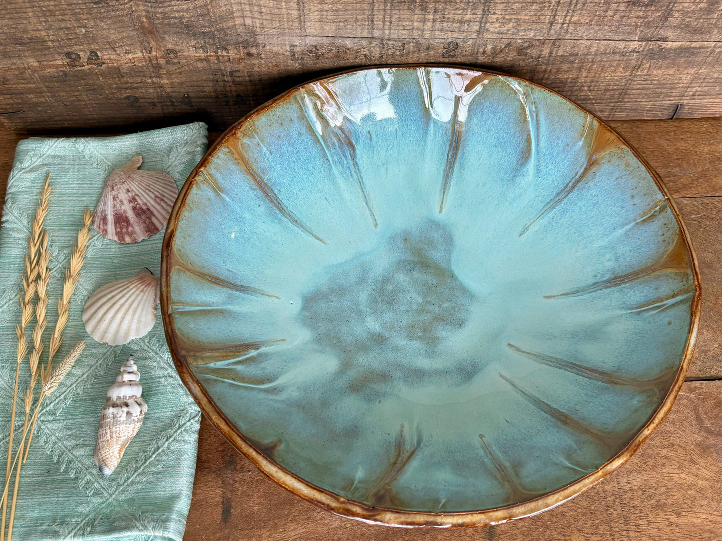 Rustic Antique Doily Serving Bowl ~ 10” Diameter ~ 2.5” Depth~ Turquoise & Brown