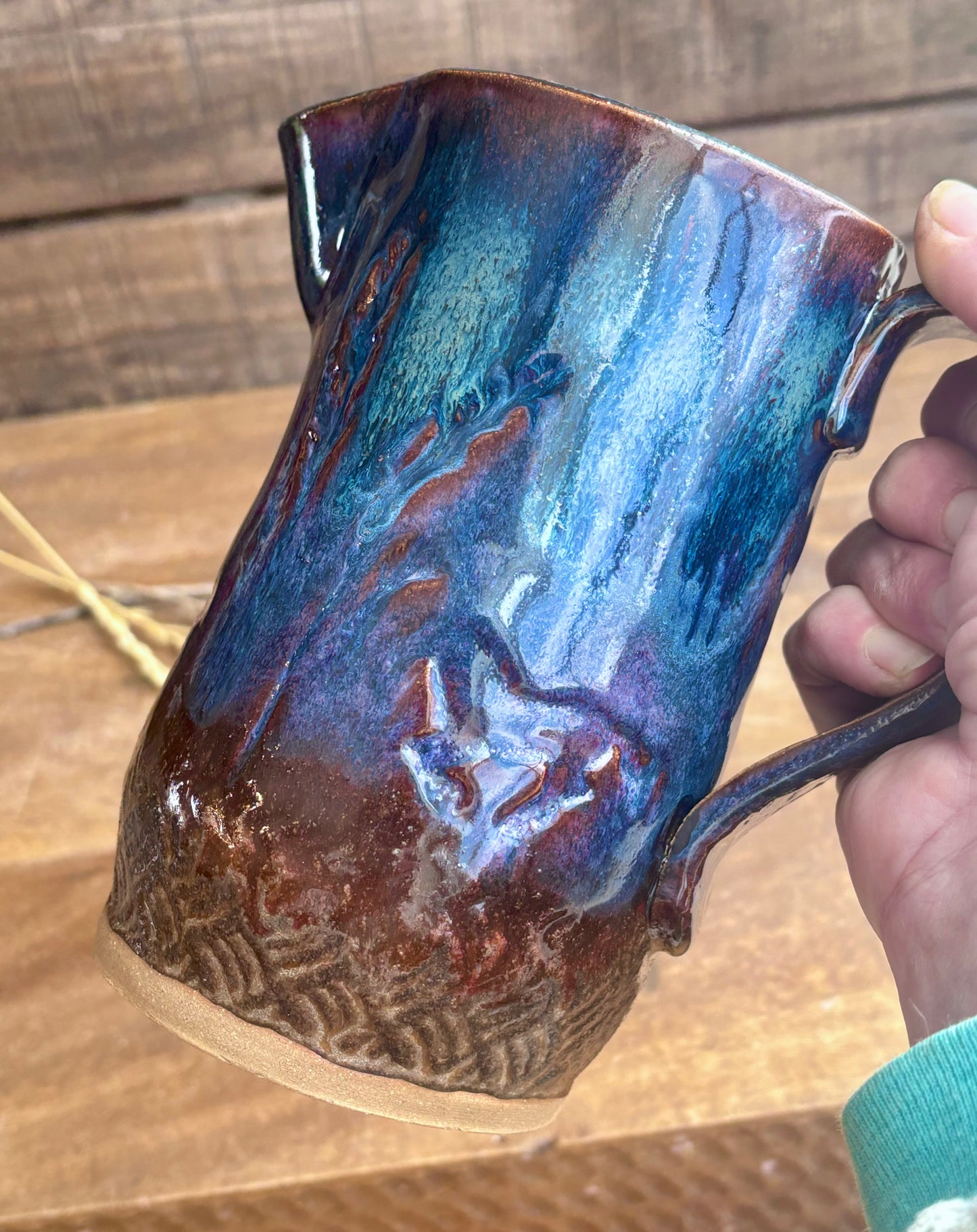 Rustic Wild Mustang Pitcher ~ 20 oz~ Blue & Brown Glaze