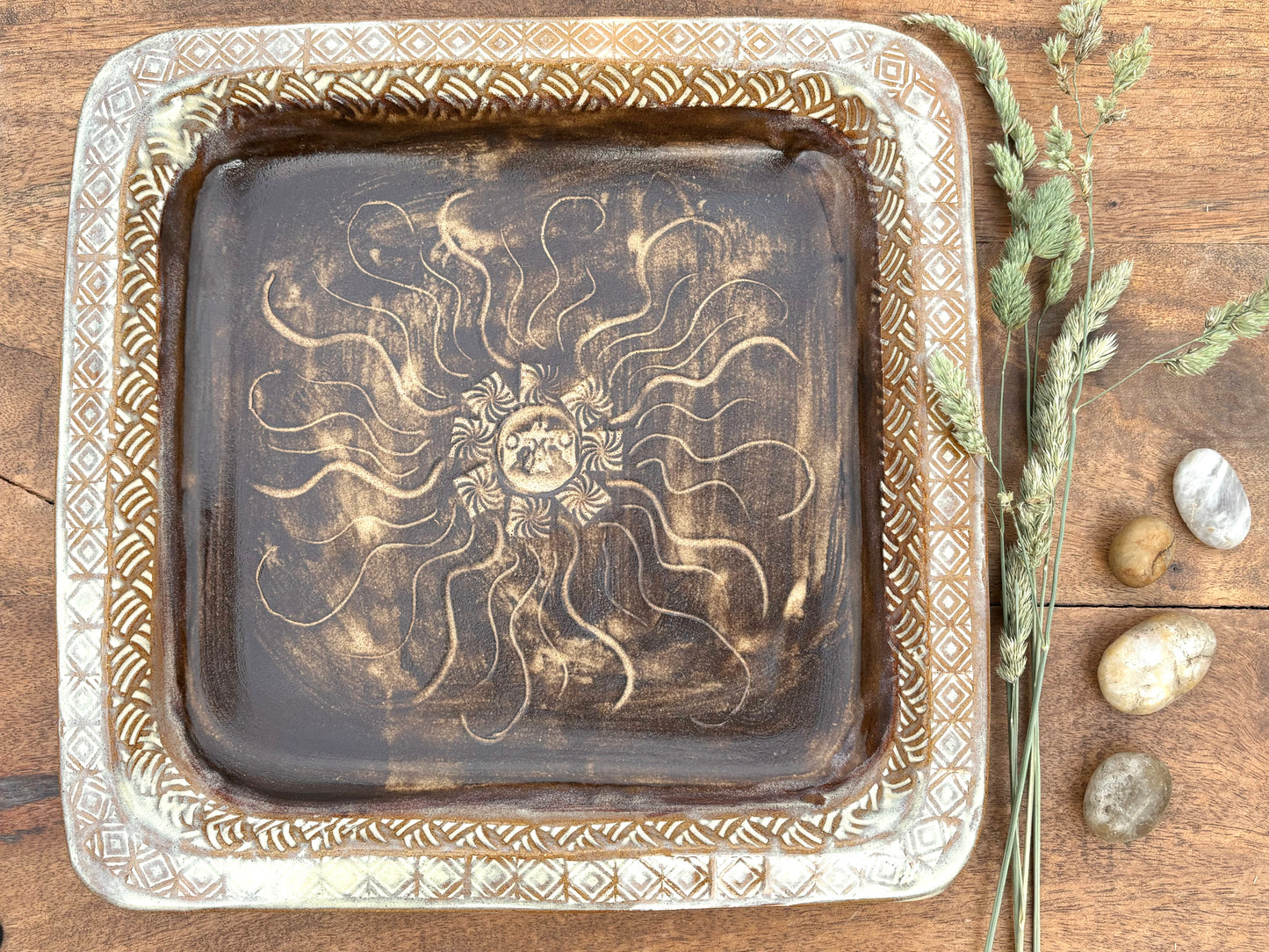 Rustic Square Sun & Thunderbird Baking Tray/ Serving Tray ~ 9.5” Square ~ 1.25” Depth~ Birch & Brown
