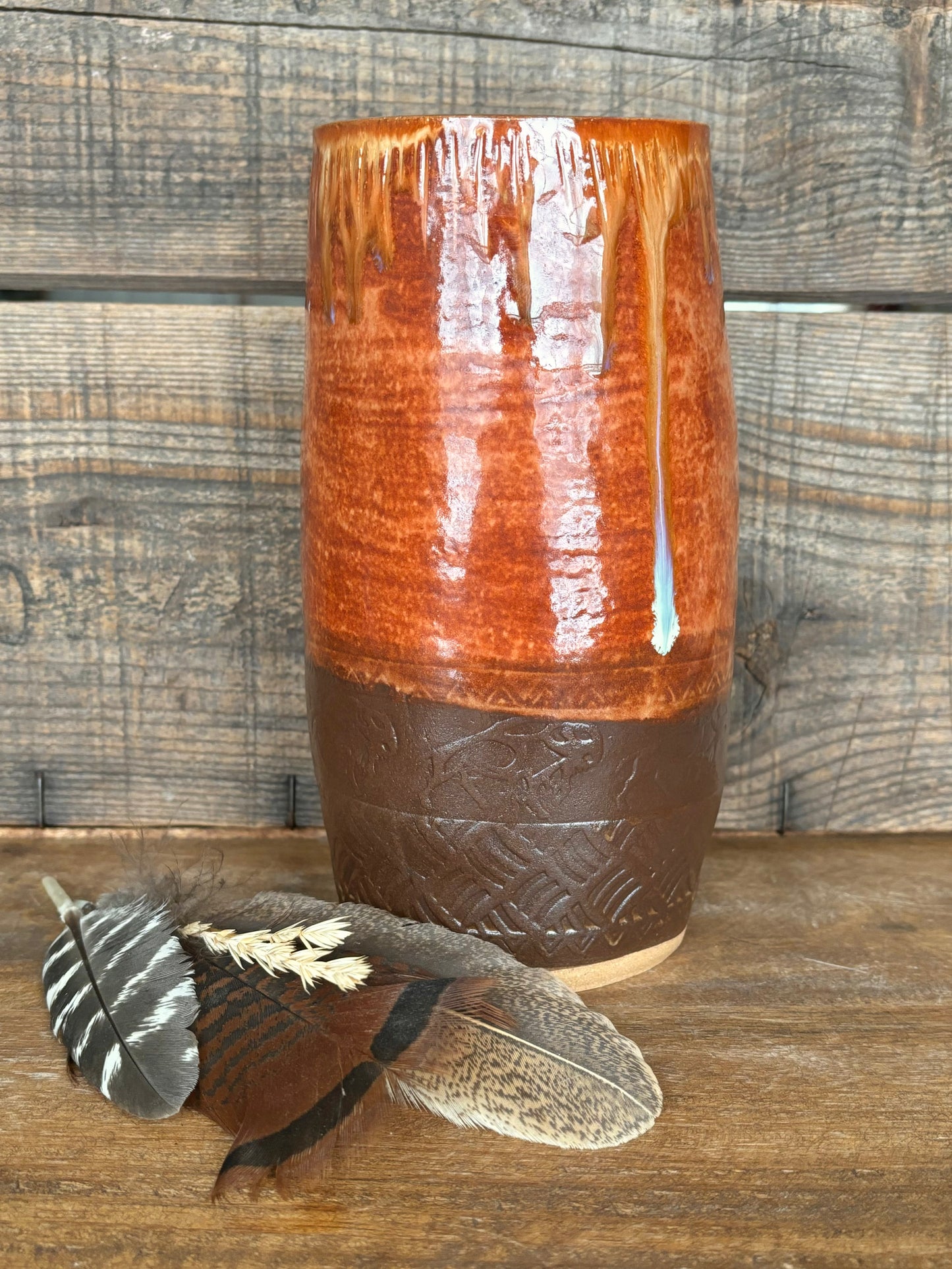 Rustic Wild Buffalo Flower Vase ~ Sedona Red & Brown Glaze