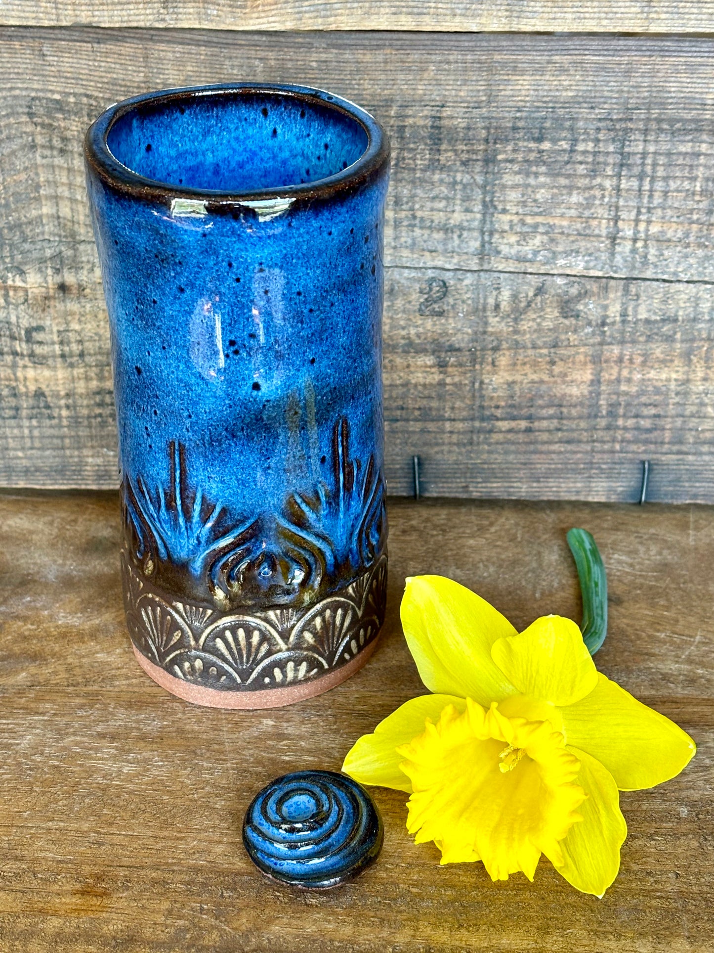 Native Mandala Tall Boy Tumbler ~ 14 oz~ Blue & Brown Glaze