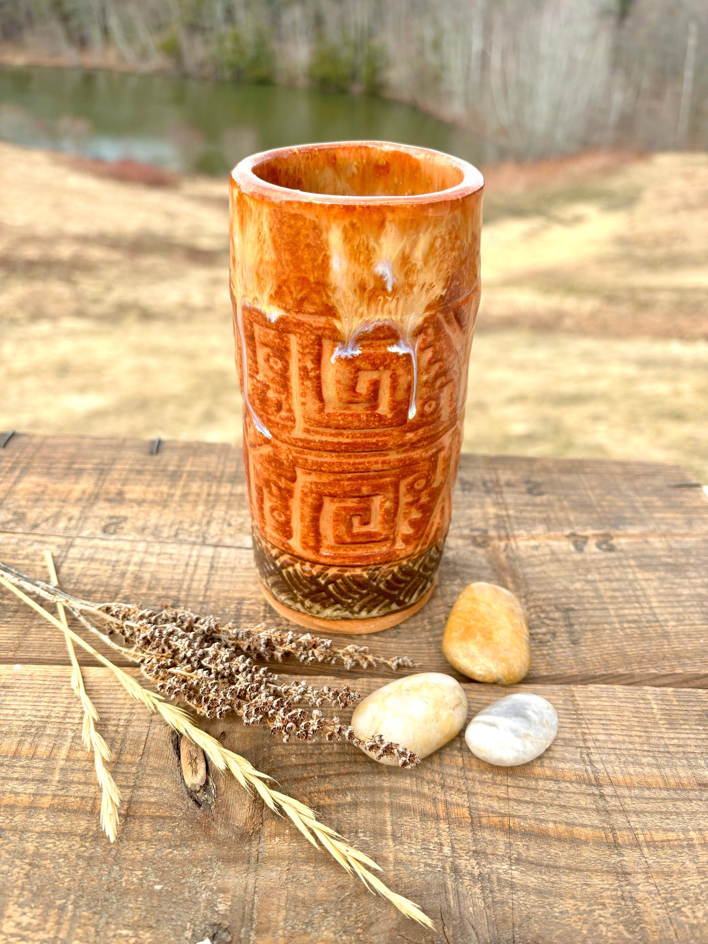 Southwestern Tall Boy Tumbler ~ 14 oz~ Sedona Red & Brown Glaze